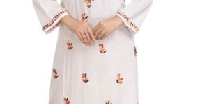 Women White Long Rayon Lucknowi Embroidered Kurti