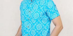 Men Sanganeri Cotton Bhandej Print Blue Shirt
