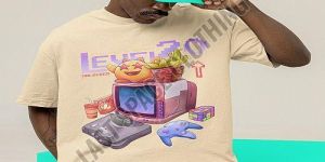 Mens Beige Premium Quality Super Gaming Print Oversized T-Shirt