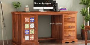 Boho Sheesham Wood Study Table with Three Drawers and Cabinet