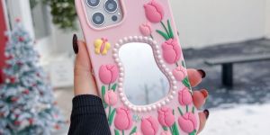 Silicone Tulip Embossed Pearl Mirror iPhone 16 Pro Max Phone Case