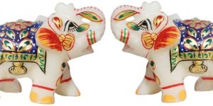 Multicolor Hand Crafted Marble Elephant Statue , Set OF 2