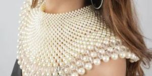 Ladies White Party Wear Pearl Poncho