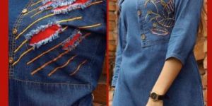 Women Cotton Blue Denim Anarkali Kurta