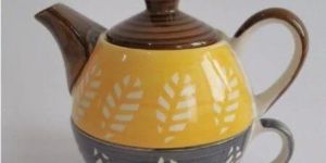 Ceramic Grey Soup Mug with Yellow Kettle