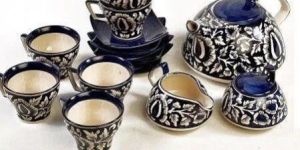 Navy Tea Set with White Floral Design