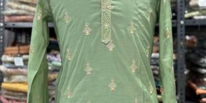 men light color silk embroidery sequence work kurta