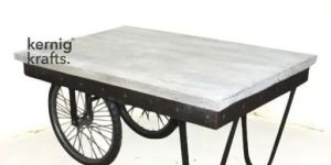 Steel Iron Mango Wood Top Movable Wheel Coffee Table