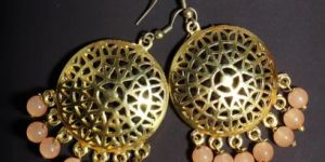 Gold Plated Peach Beads Kundan Dangler Earrings for Women