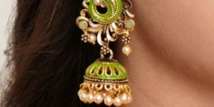 Karatcart Antique Gold Plated Light Green Stone with Meena Jhumki Earrings