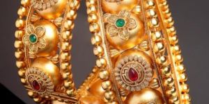 Traditional Gold-Plated Red and Green Stone-Studded Jadau Bangles