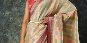 Green and Pink Woven Striped Blended Fancy Banarasi Silk Saree
