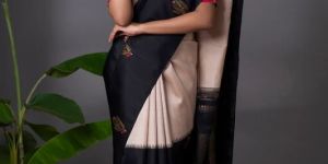 Grey and Black Kanjivaram Silk Saree