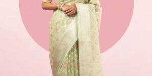 Lime Green Woven Fancy Blended Kora Cotton Saree