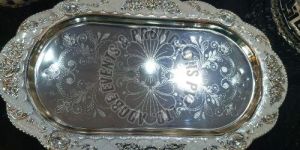 Oval Shape Silver Plated Enamel Floral Tray