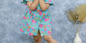 Girls Cotton Blue Printed Shirt Frocks