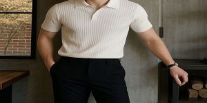 Mens White Striped Cotton Polo T-Shirt