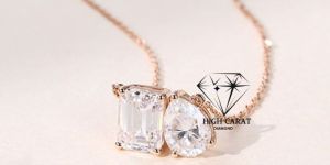 Emerald and Pear Cut Two Diamond Rose Gold Pendant