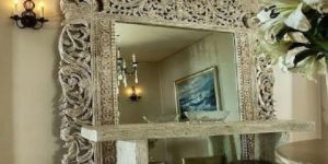 Grand Handcarved Wall Mirror with Intricate Wooden Console Table Set