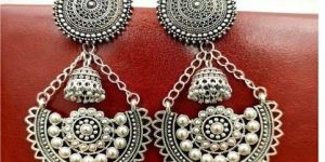 Oxidized Silver Tone Ethnic Chandbali Jhumka Earrings with Ghungroo & Studded Design