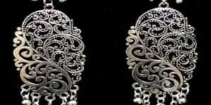 Oxidized Silver Tone Filigree Peacock Design Dangler Earrings with Jhumka Drops