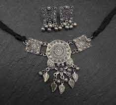 Oxidized Silver Tribal Necklace Set with Leaf Danglers & Matching Earrings