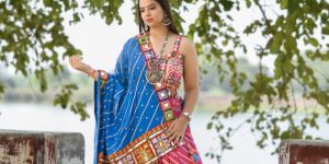 Women's Multicolor Kutchi Embroidered Chaniya Choli with Bandhej Dupatta