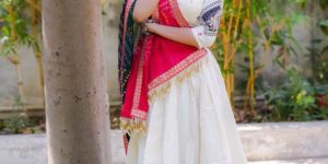 Women's Navratri Special Pink Whte Mirror Work Ghagra Choli