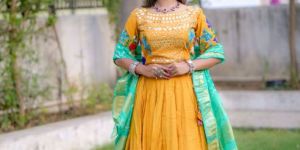 Women's Traditional Mustard Yellow Ghagra Choli with Embroidered Blouse