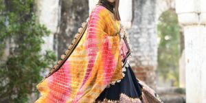 Women's Traditional Navy Blue Embroidered Chaniya Choli with Bandhej Dupatta