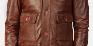 Button Style Mens Brown Leather Jacket