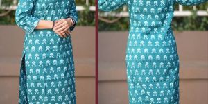 Ladies Sea Green Ajrakh Print Full Sleeves Kurti