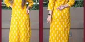 Ladies Yellow Ajrakh Print Full Sleeves Kurti
