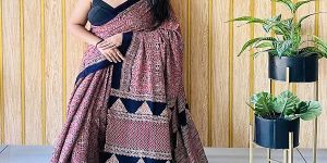 Authentic Navy Blue Ajrakh Handblock Print Pure Modal Silk Saree