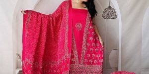 Baby Pink Ajrakh Printed Modal Silk Unstitched Dress Material
