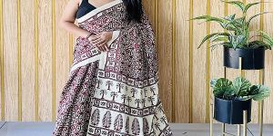 Red and Cream Ajrakh Printed Modal Silk Saree
