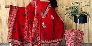 Unstitched Red Modal Silk Ajrak Pink Dress Material