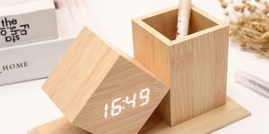 Wooden Digital Clock Pen Stand