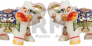 Multicolor Hand Crafted Marble Elephant Statue , Set OF 2