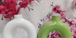 Pack OF 2 White & Green Ceramic Donut Flower Vases Combo Set