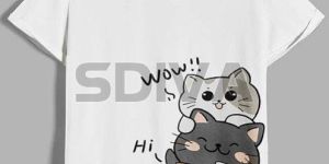 Ladies Cat Printed Cotton White T-Shirt