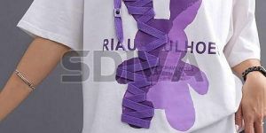 Ladies Cotton White and Purple Round Neck T-Shirt