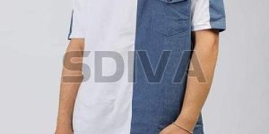 Mens White and Blue Round Neck T-Shirt