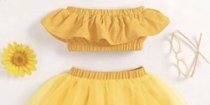 Girls Yellow Cotton Blend Solid Top & Skirt Set