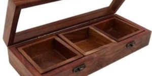Brown 3 Compartment Sheesham Wooden Spice Box