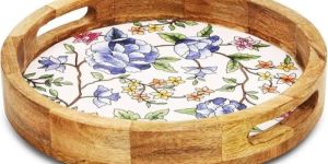 Floral Hand Painted Mango Wood Round Serving Tray