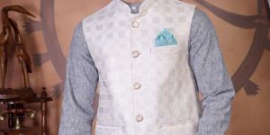 Men's Ethnic Wear Refined Cream Textured Festive Nehru Jacket