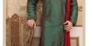 Party Wear Mens Green and Red Cotton Kurta Set