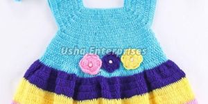 Flower Embroidered Handmade Sleeveless Frock with Hair Band - Sky Blue