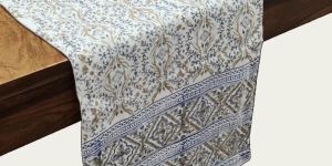 6 Seater Deep Cream Hand Block Printed Linen Table Runner